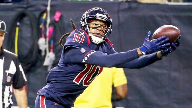 Nov 21, 2019; Houston, TX, USA; Houston Texans wide receiver DeAndre Hopkins (10) makes a reception for a touchdown as Indianapolis Colts cornerback Pierre Desir (35) defends during the fourth quarter at NRG Stadium. Mandatory Credit: Troy Taormina-USA TODAY Sports